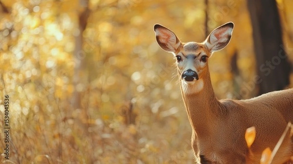 Fototapeta Forest fawn in autumn.  A female deer in a golden autumn forest.  Soft sunlight filters through the trees.  The deer is alert and looking directly at the viewer