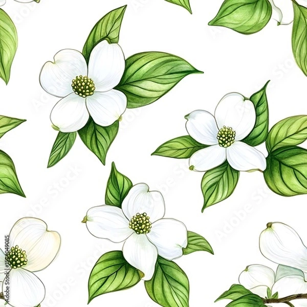 Fototapeta Delicate white flowers and lush green leaves form a seamless pattern.