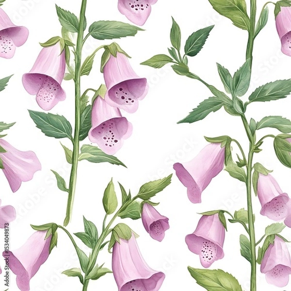 Fototapeta Delicate, repeating pattern of bell flowers and foliage.