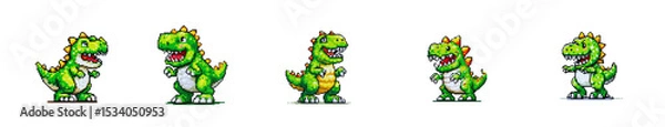 Fototapeta Five pixel art green dinosaurs with transparent background showing various poses
