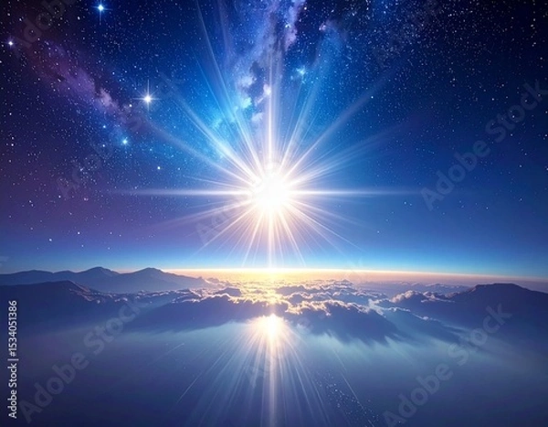 Fototapeta Radiant light burst on blue background filled with stars. Ideal for space themes, science fiction, or inspirational visuals