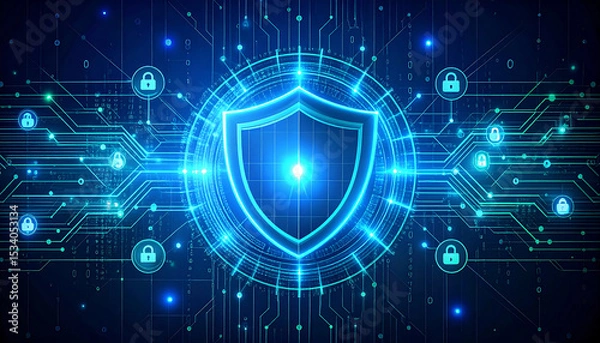 Fototapeta global security with blue shield on a dark background