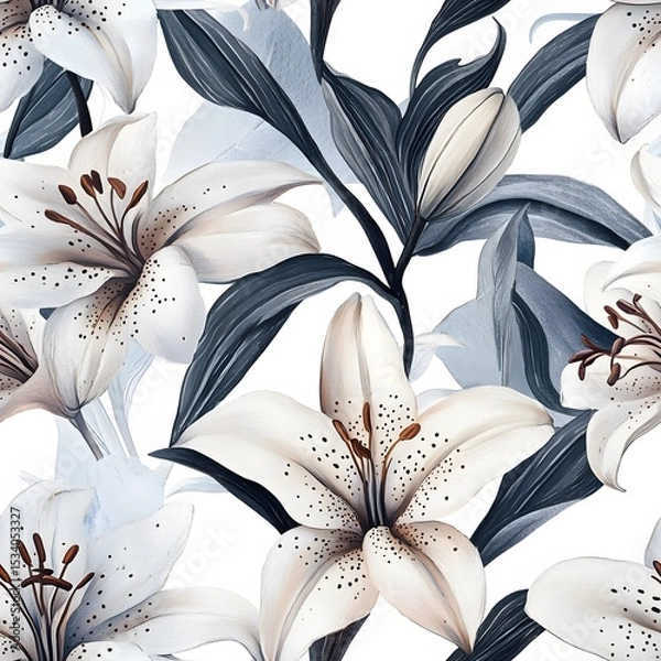 Fototapeta Detailed illustration of a lily flower pattern on a white background.