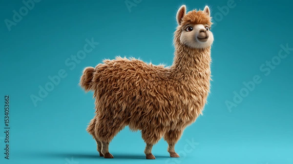 Obraz Cute animated llama standing on a vibrant blue background, showcasing its fluffy fur and playful expression