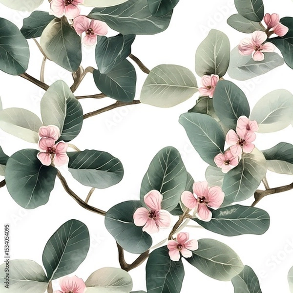Fototapeta Delicate floral pattern with branches, leaves, and blossoms.