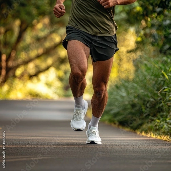 Fototapeta A determined runner strides confidently down a picturesque path, surrounded by lush greenery, epitomizing health, fitness, and the joy of outdoor exercise in nature.