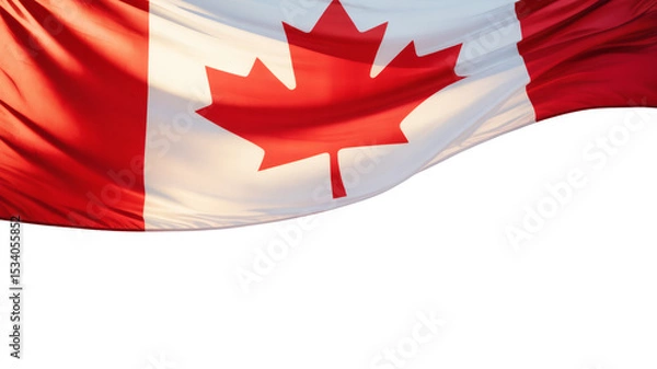 Obraz A vibrant Canadian flag in a formal portrait, gracefully flowing under sunlight, with generous copy space below for prominent messaging.