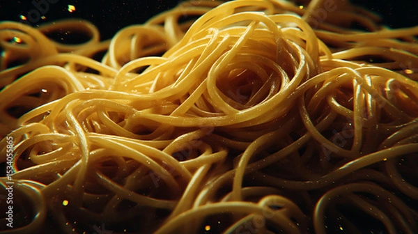 Obraz Close-up of a tangled pile of spaghetti with a dark background, showcasing texture and shine