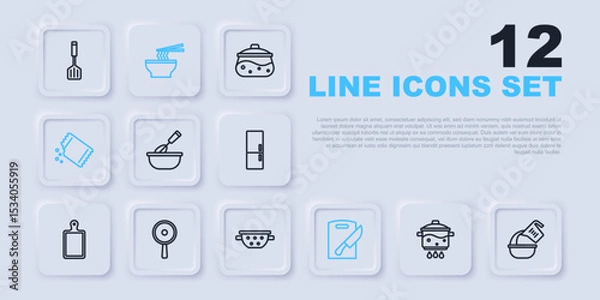 Fototapeta Set line Cooking pot on fire, Measuring cup and bowl, whisk with, Cutting board knife, Packet of pepper, Frying pan, Asian noodles and Kitchen colander icon. Vector