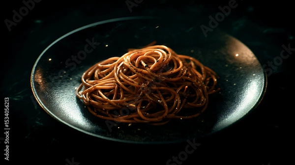 Obraz A close-up of a plate of spaghetti with a dark background, highlighting the texture and shine