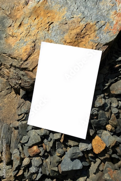 Obraz Mockup of white A4 sheet on stones of mountain rivers. Layout of poster on stone background. Poster mockup, blank with space for text, presentation template