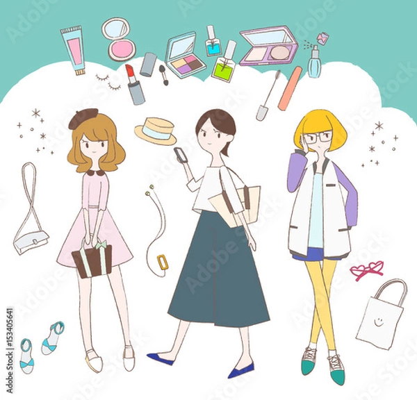 Obraz 化粧品とファッション洋品と女の子のイラスト