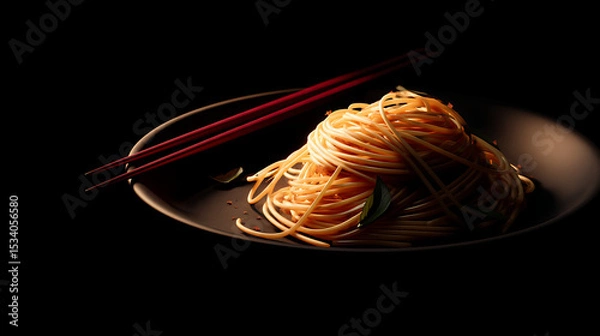 Obraz A beautifully arranged plate of spaghetti with chopsticks, set against a dark background