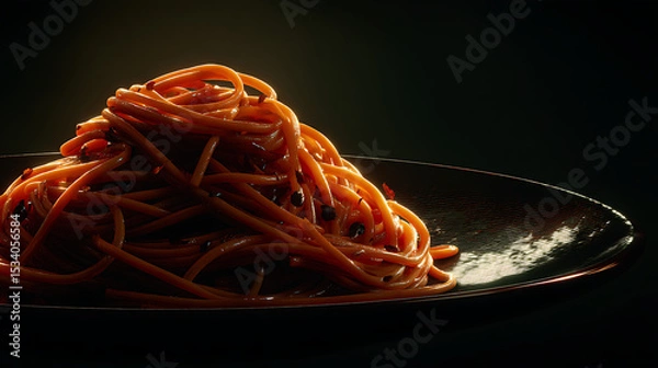 Obraz A close-up of a plate of spaghetti with rich sauce, illuminated against a dark background