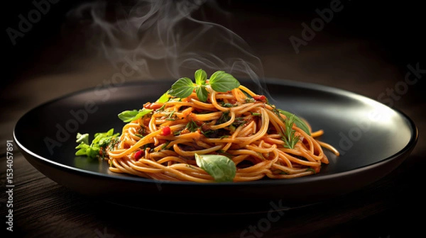 Obraz A steaming plate of spaghetti garnished with fresh herbs, served on a dark wooden table