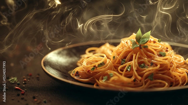 Obraz A steaming plate of spaghetti garnished with fresh herbs, set against a warm, rustic background