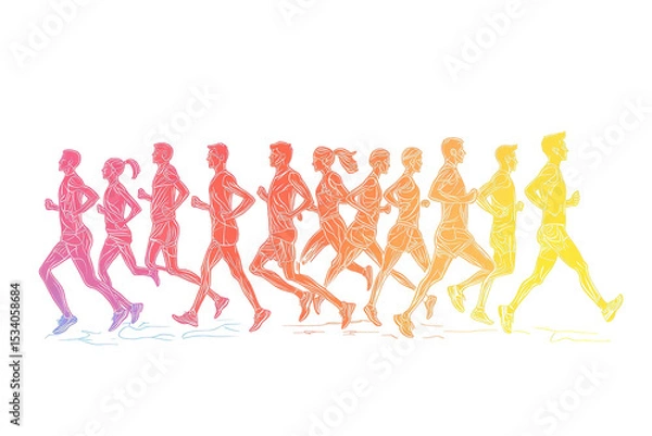Fototapeta Dynamic illustration of runners in motion showcasing fitness and endurance in a vibrant gradient design reflecting passion for running