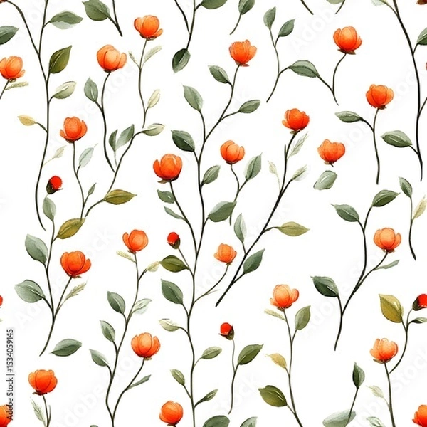 Fototapeta Delicate floral pattern with small orange blooms and foliage.