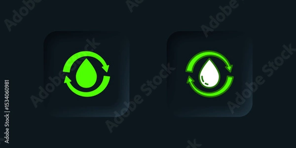 Fototapeta Green Recycle clean aqua icon isolated on black background. Drop of water with sign recycling. Black square button. Vector