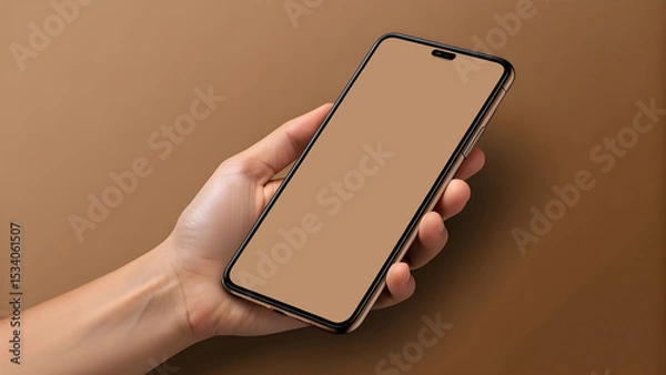 Fototapeta Realistic Smartphone Mockup in Hand on Brown Background – Blank Screen Display

