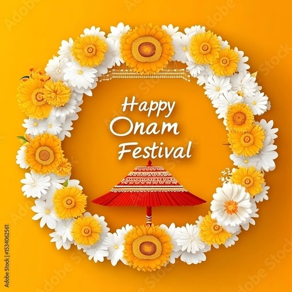 Fototapeta Happy Onam Festival Greeting Card with Flowers and Umbrella