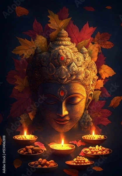 Obraz Serene Goddess statue amidst autumn leaves and glowing Diwali lights