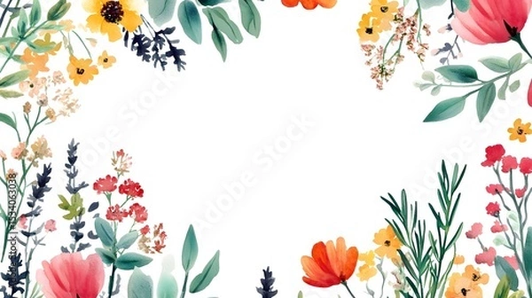 Obraz Watercolor floral border design with various flowers and plants.