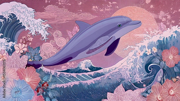 Obraz A vibrant dolphin gracefully leaps over stylized ocean waves with floral elements at sunset