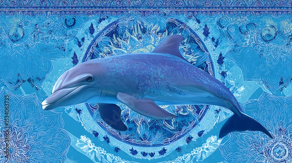 Obraz A vibrant dolphin swimming gracefully through a blue underwater scene with intricate patterns