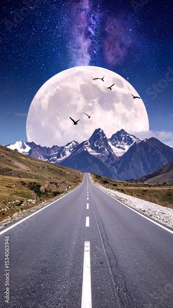 Fototapeta Empty Road Leading to Majestic Mountains Under a Giant Moonlit Sky. AI Generated