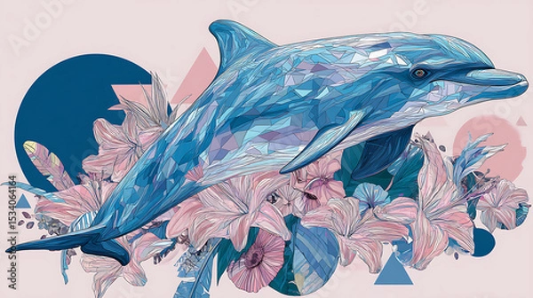 Obraz Colorful geometric dolphin swimming among vibrant floral patterns on a soft pastel background