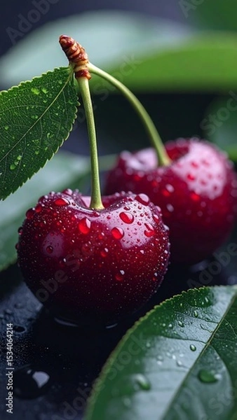 Fototapeta Close-Up of Fresh Dew-Covered Cherries with Green Leaves. AI Generated