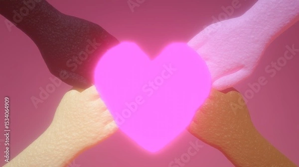 Fototapeta Diverse hands of various skin tones interlock to create a glowing heart, symbolizing unity and inclusion against a soft gradient backdrop