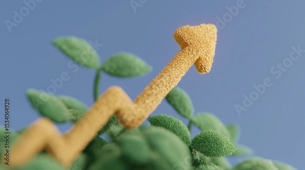 Fototapeta A dynamic golden arrow rises among lush green vines, leading to a radiant seedling at its peak, representing growth achieved through thoughtful investments