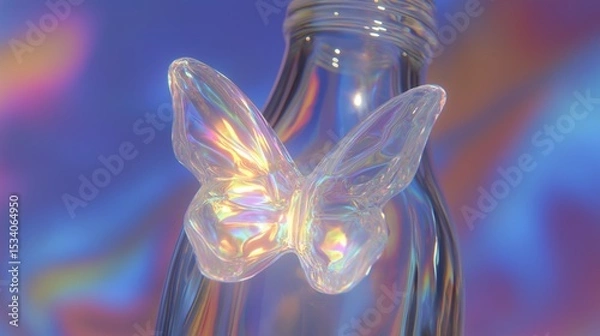Fototapeta A glass bottle releases a luminescent butterfly light, surrounded by gentle pastel swirls symbolizing beauty and the essence of transformation