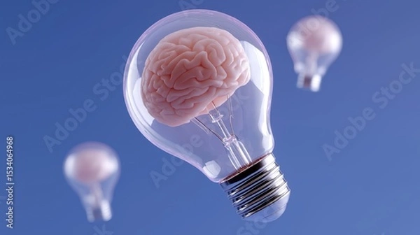 Fototapeta A glowing brain encased in a transparent lightbulb represents artificial intelligence, surrounded by floating lightbulbs in a modern, high-tech setting