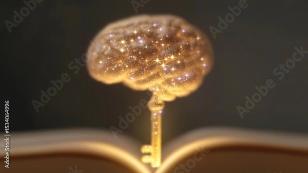 Fototapeta A glowing key in an open book releases light, revealing a starry brain that symbolizes education's power in a dim library