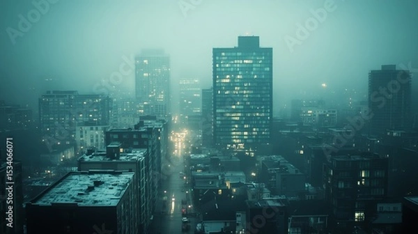 Obraz A misty city night, buildings shrouded in fog, with faint streetlights and car lights visible