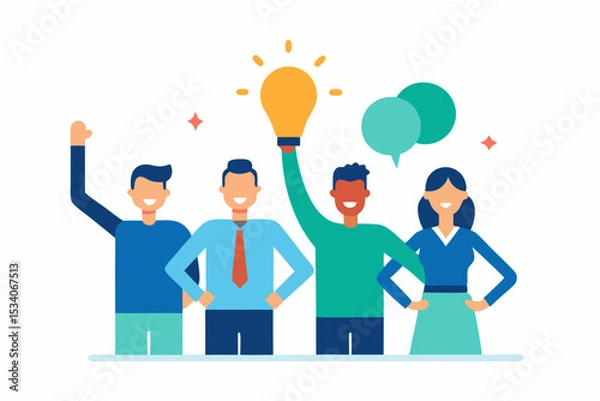 Fototapeta Business people and a businessman with an idea bulb, symbolizing teamwork, communication, and success