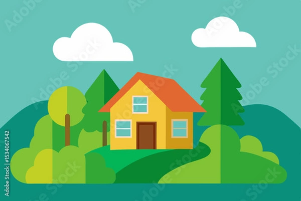 Fototapeta Here's a single sentence to describe the image:

Vector illustration of a charming village house nestled in a summer forest landscape with trees and a clear sky