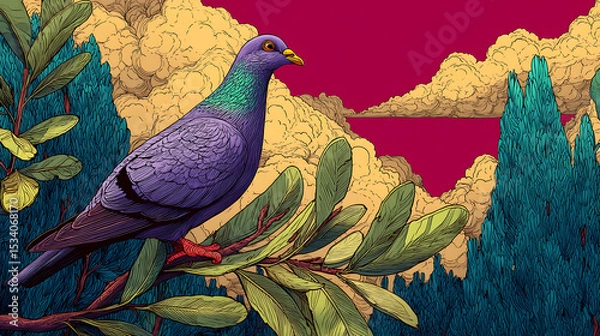 Obraz A vibrant pigeon perched on a leafy branch against a surreal, colorful sky backdrop