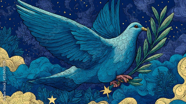 Obraz A vibrant blue dove gracefully flying through a starry night sky, holding an olive branch