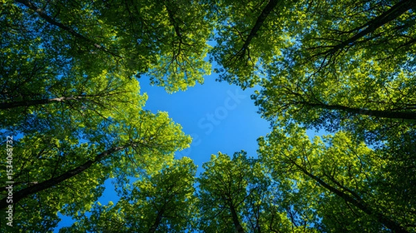 Obraz Trees in forest from below, green tops of trees, blue sky background