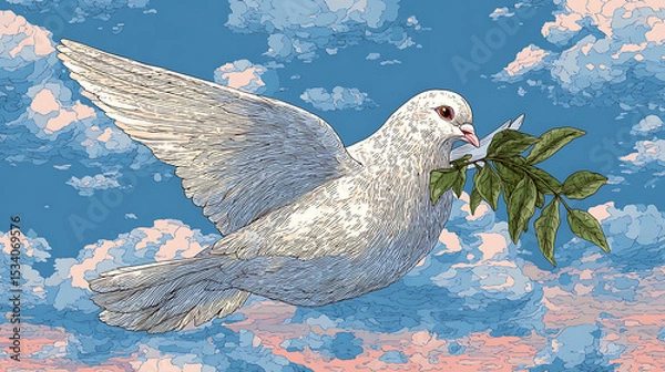 Obraz A white dove gracefully flying against a vibrant sky, symbolizing peace and hope