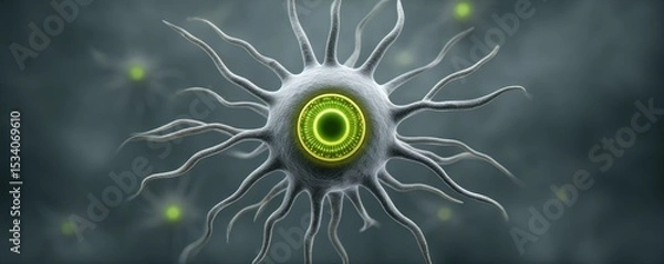 Fototapeta A digital illustration of a microscopic single-celled organism with tentacle-like protrusions and a glowing green center, set against a dark, blurry background.