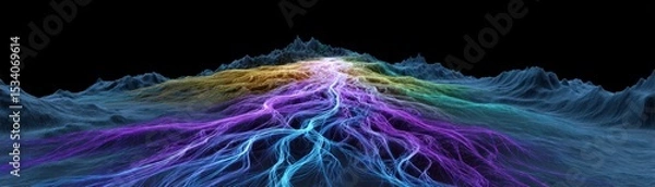 Fototapeta A vibrant, multicolored digital terrain map with glowing, flowing lines representing elevation and data streams against a black background.