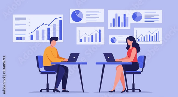 Fototapeta Man and woman working on laptops in a professional office setting with floating charts and graphs