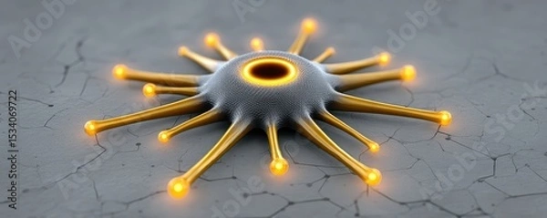 Fototapeta A 3D illustration of a neuron with glowing synaptic terminals on a cracked surface, highlighting neural connections and signaling.
