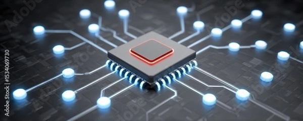 Fototapeta A close-up digital rendering of a microchip connected to glowing blue circuit nodes on a dark, futuristic motherboard.
