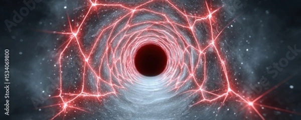 Obraz A glowing red neural network forms a tunnel around a dark circular void, symbolizing connectivity and data flow in a futuristic, digital environment.